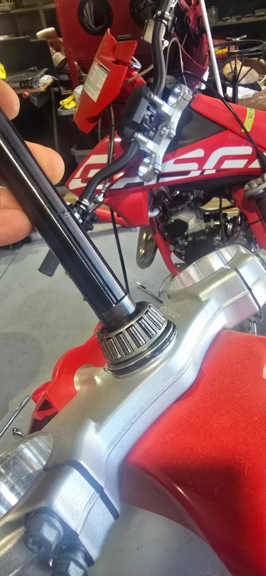 Steering stem and bearing race during a front end service