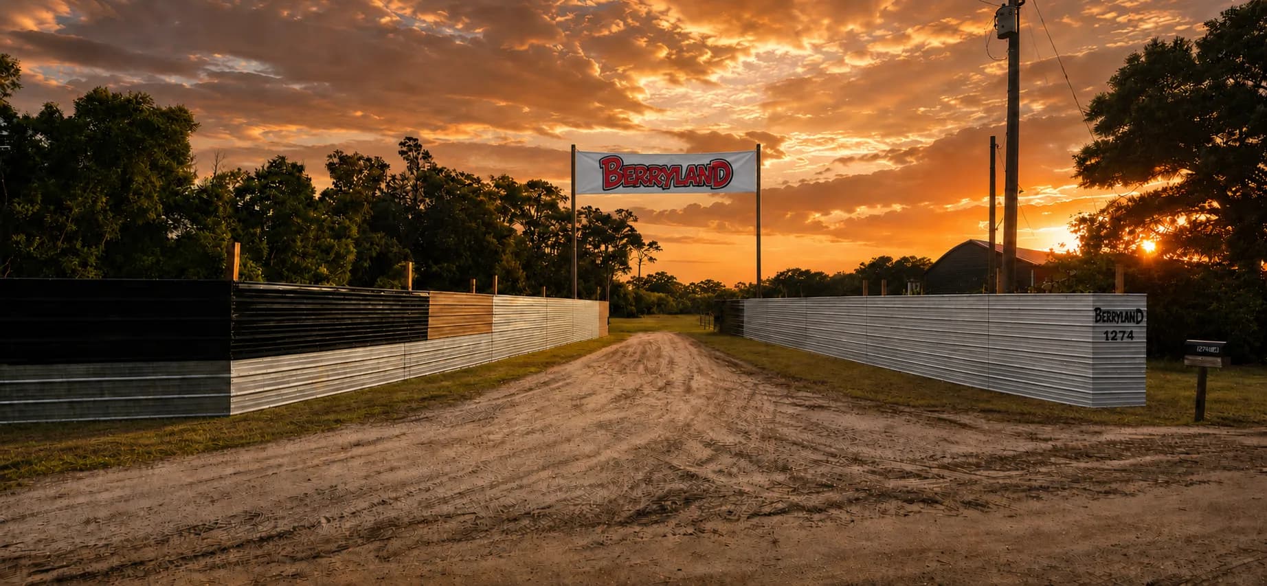 The BERRYLAND banner over the front gate at sunset